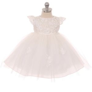 White Tulle Dress with Pearl Lace Appliqué